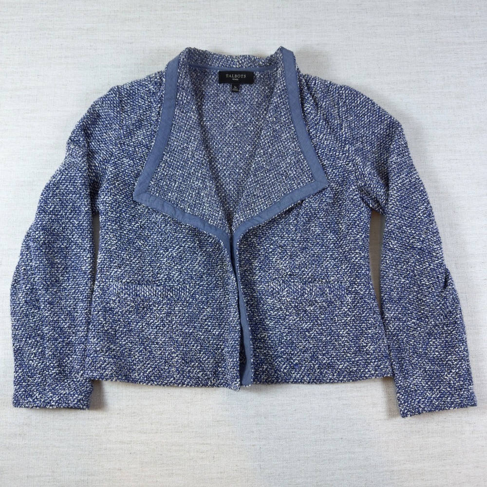 Talbots Petites Blue White Textured Cotton Blend Open Front Knit Jacket SP